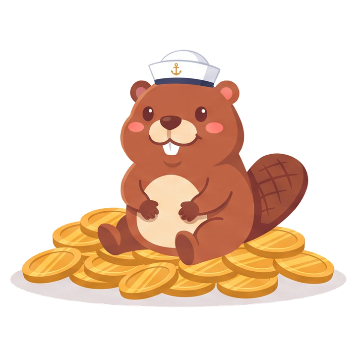 The ScrollSave beaver sitting on a pile of coins